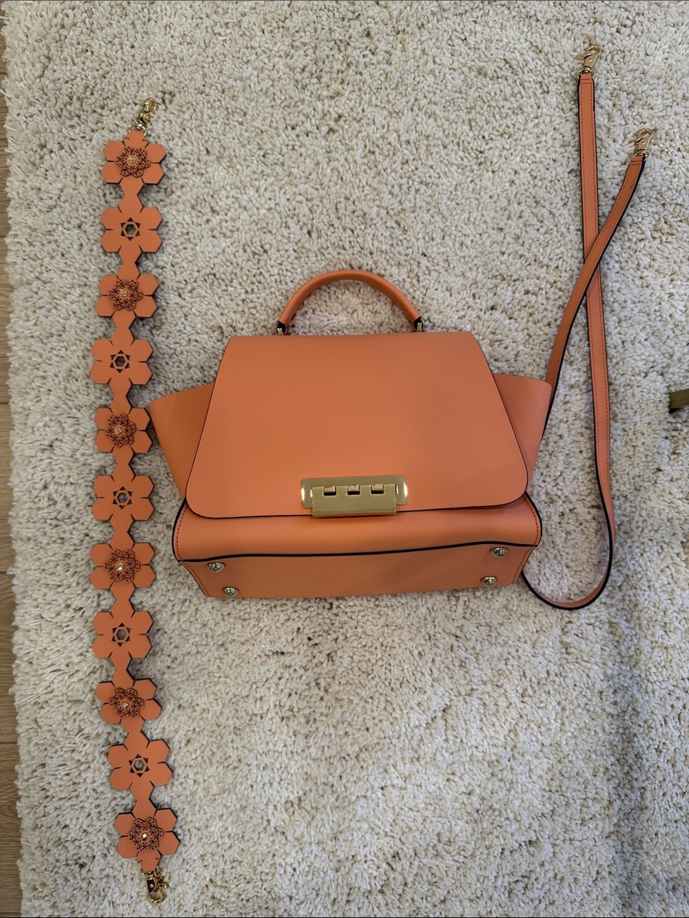 Zac Posen Coral Orange Top-Handle Satchel with Floral Strap